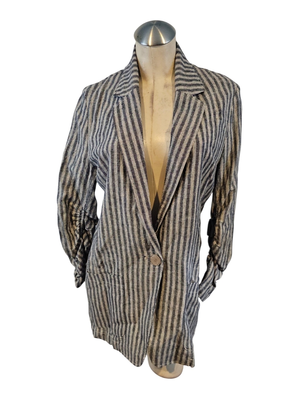 Max Studio Size M Oversized Blazer Blue White Linen Blend Summer Striped